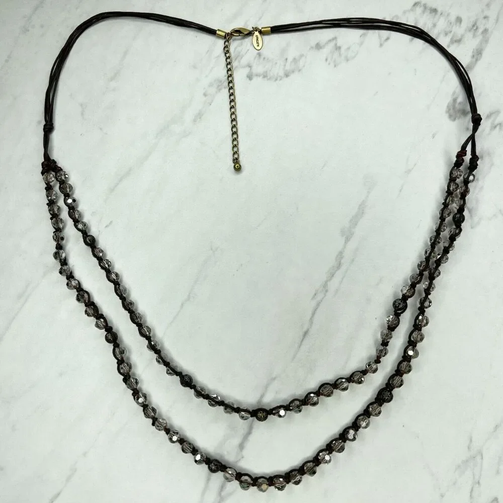 Chico's Double Strand Brown Cord Beaded Gold Tone Necklace